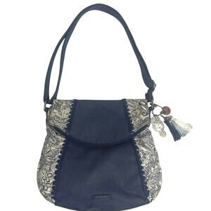 Sakroot Canvas Fold Over crossbody Hand bag clean blue& white W/owl & charms